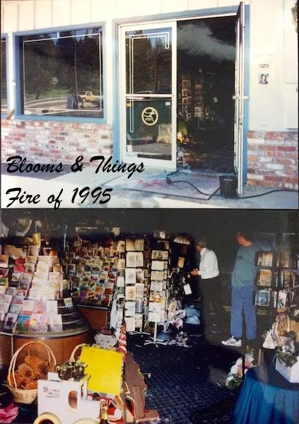 The shop after the 1995 fire — scorched storefront above, smoke-damaged card racks inside