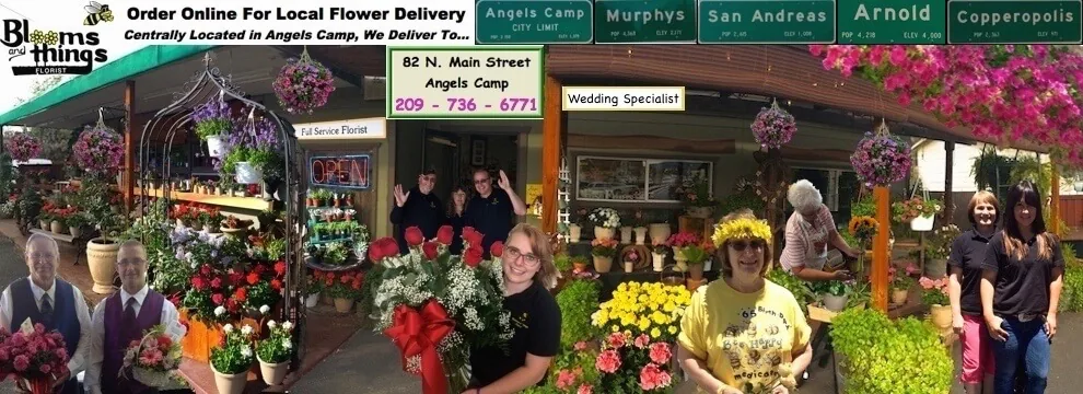 The shop’s old website banner: the Main Street storefront draped in hanging baskets, the team waving, and highway signs for Angels Camp, Murphys, San Andreas, Arnold and Copperopolis