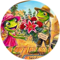 The Blooms & Things frog couple making a special flower delivery