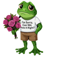 I’m Sorry, Can We Make It Right? — the Blooms & Things frog offering a bouquet of pink roses