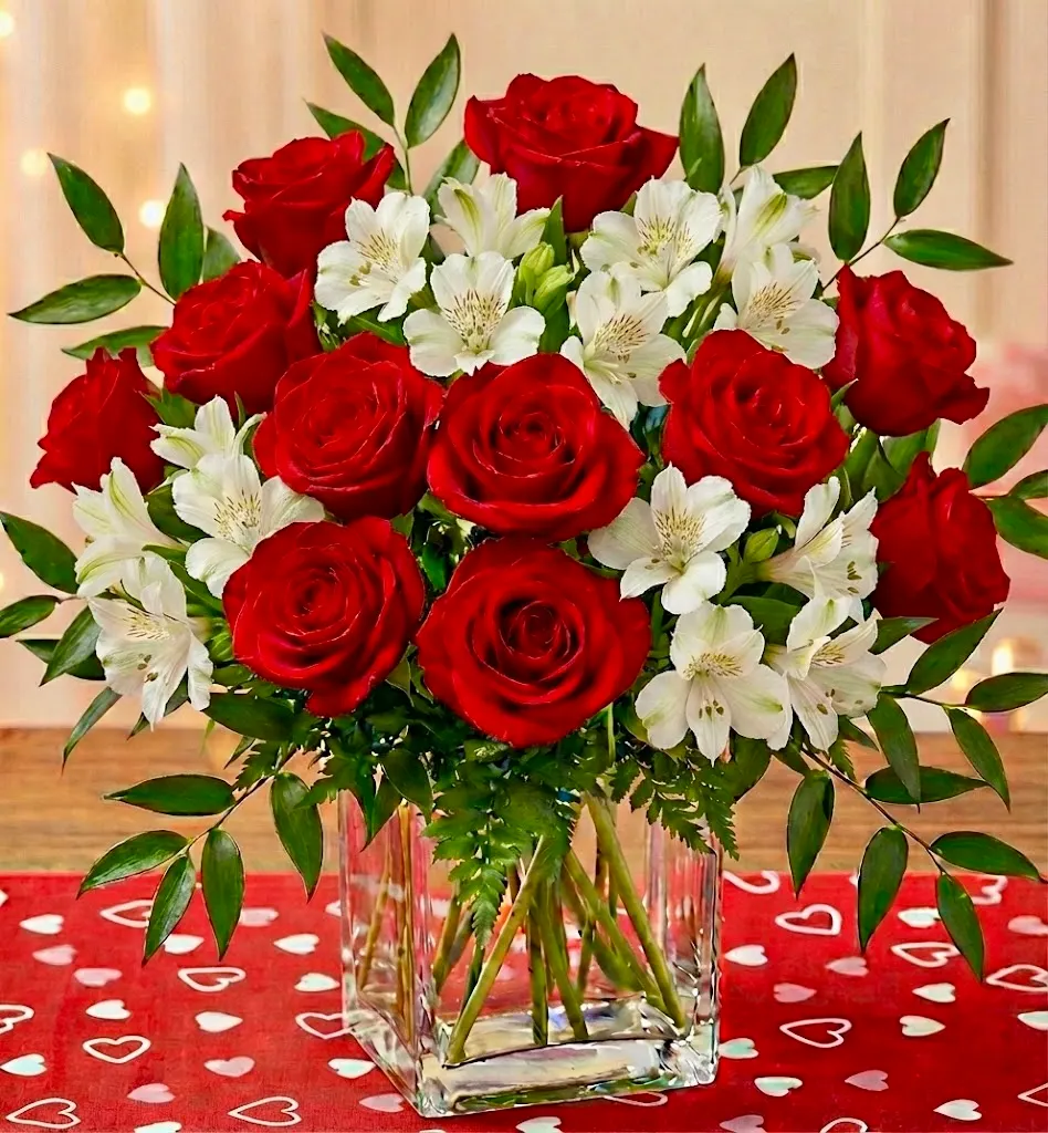Red Rose Embrace (square vase)