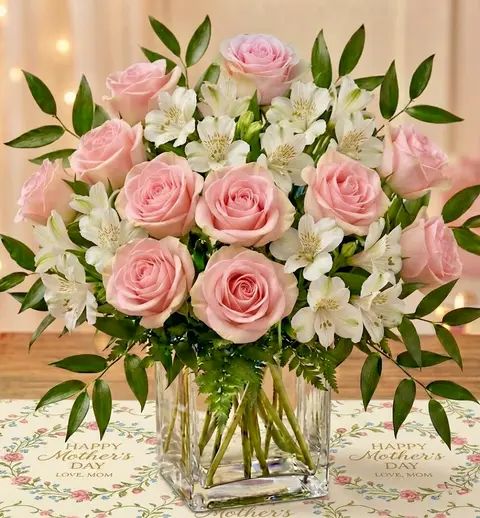 Pink Rose Embrace (square vase)