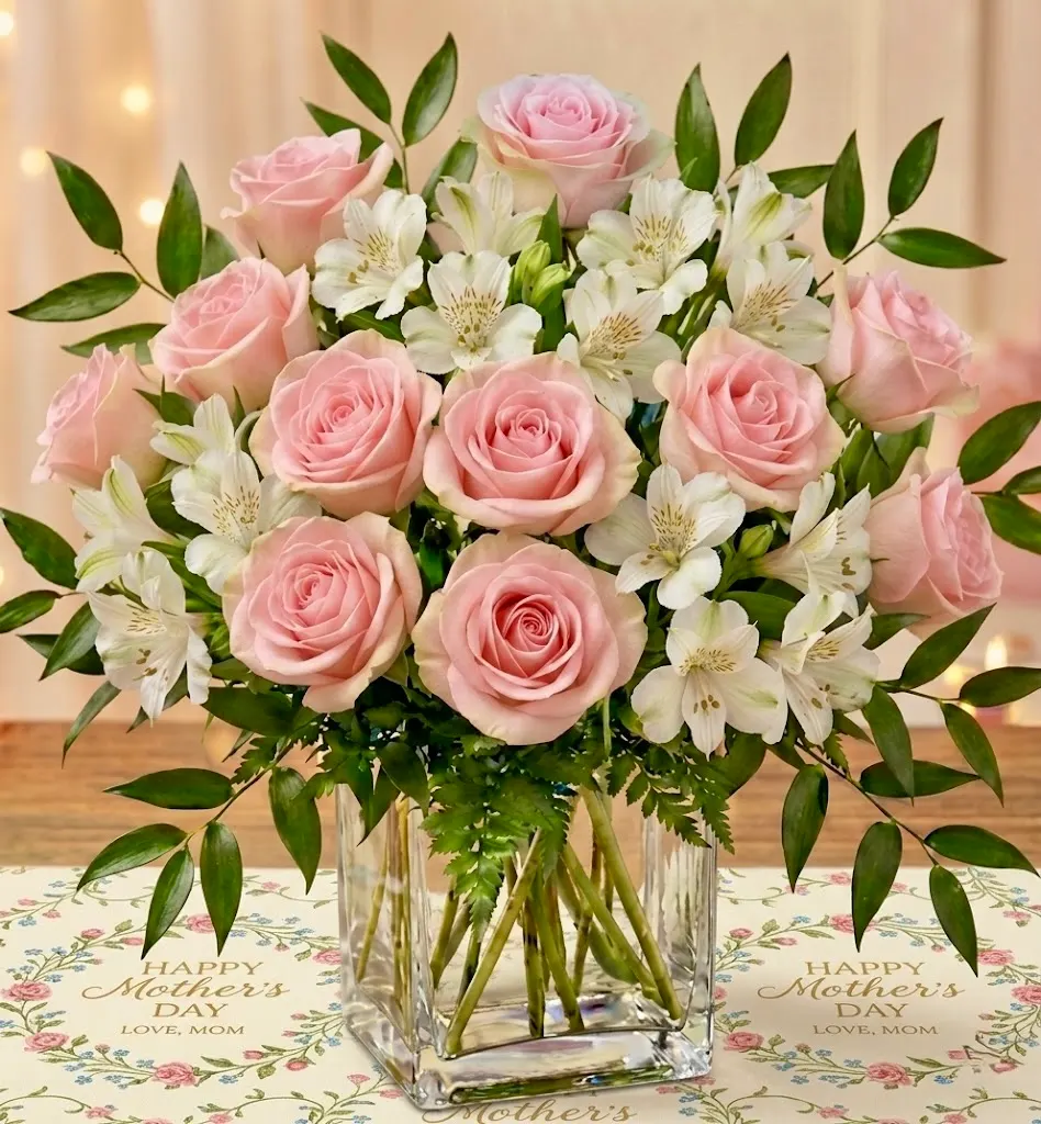 Pink Rose Embrace (square vase)