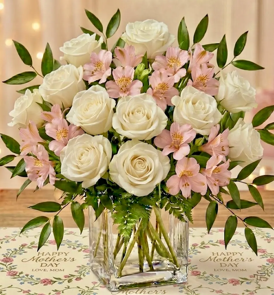 White Rose Embrace (square vase)