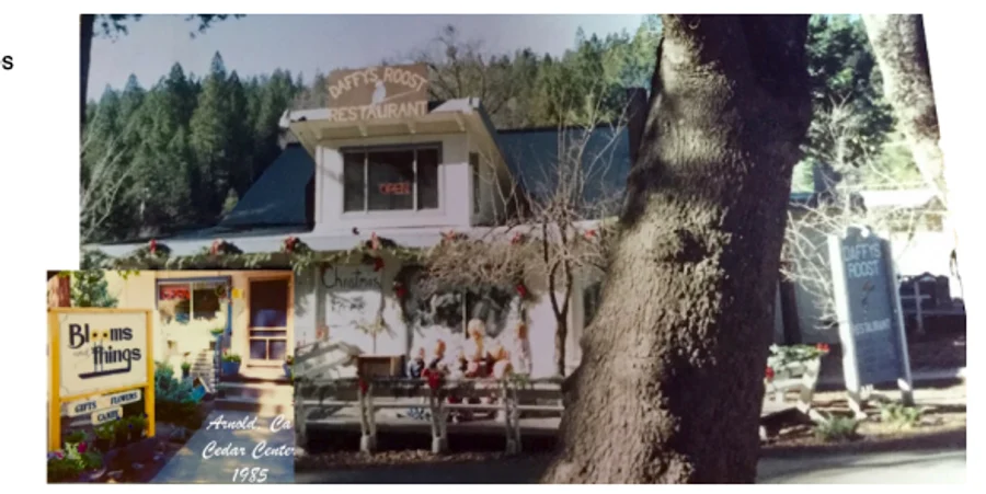 The first Blooms & Things shop in the Cedar Center, next to Daffy’s Roost restaurant, Arnold CA, 1985