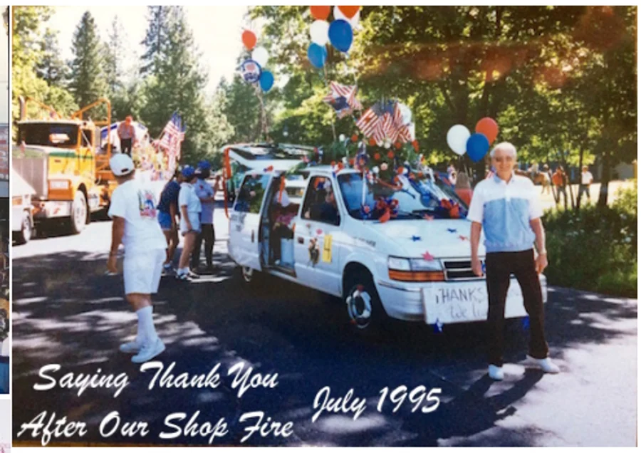 The Blooms & Things van decorated for the Arnold parade with a thank-you sign, July 1995, after the shop fire
