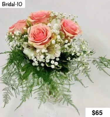 Bridal 10 — pink roses, white alstroemeria and soft plumosa greens, $65
