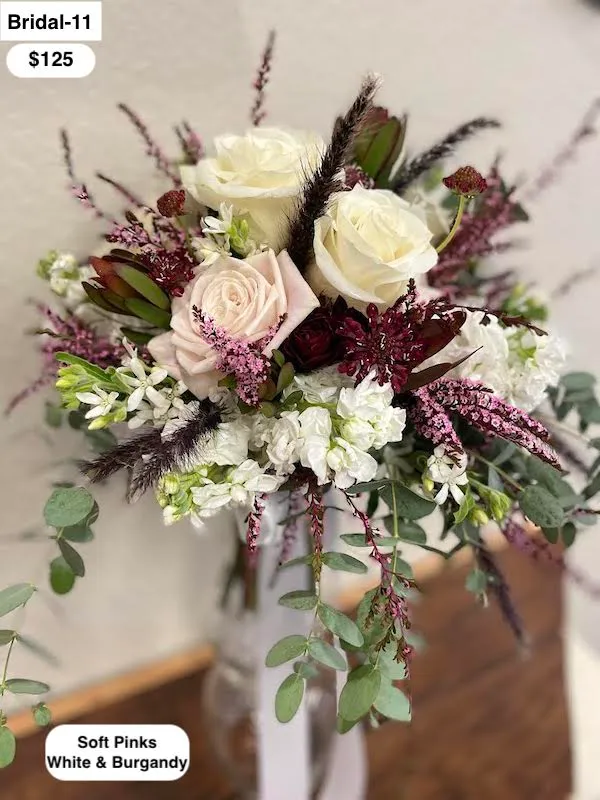 Bridal 11 — bouquet in soft pinks, white and burgundy, $125