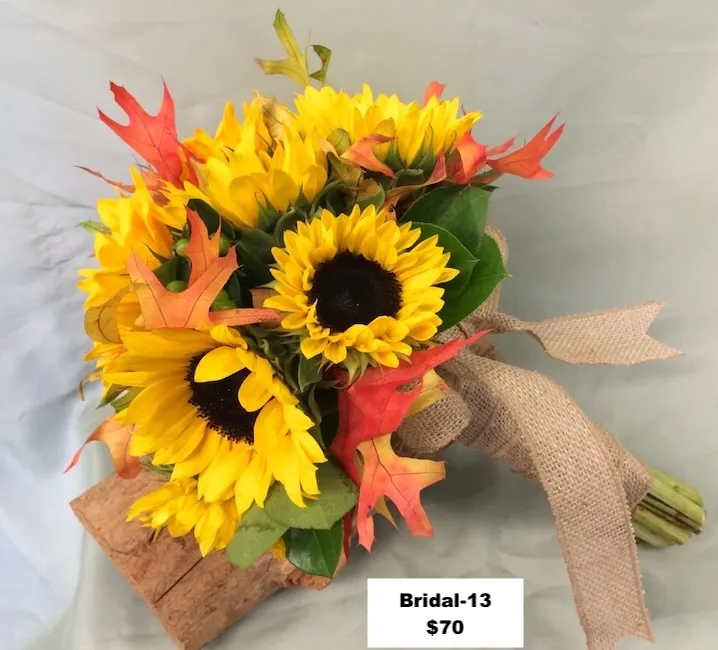 Bridal 13 — sunflower bouquet with autumn oak leaves and burlap wrap, $70