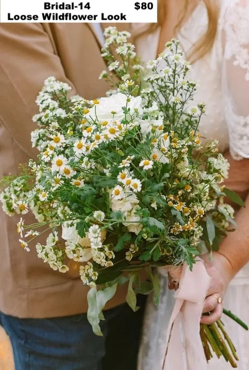 Bridal 14 — loose wildflower-look bouquet with chamomile and white stock, $80
