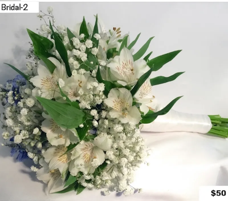 Bridal 2 — white alstroemeria and baby's breath bouquet, $50