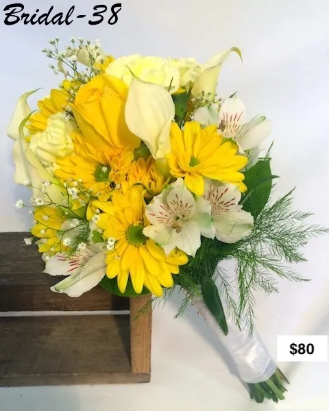 Bridal 38 — yellow calla lilies, daisies and alstroemeria, $80