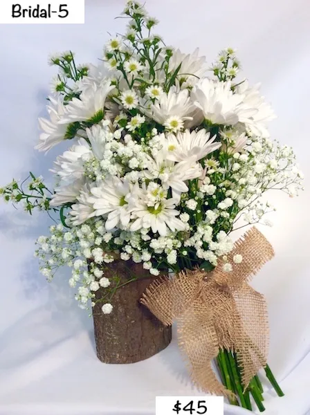 Bridal 5 — white daisies and baby's breath with a burlap bow, $45