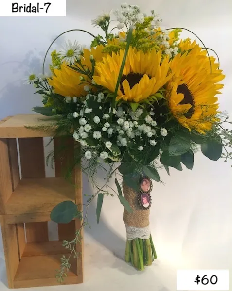 Bridal 7 — sunflowers and baby's breath with burlap-wrapped stems, $60
