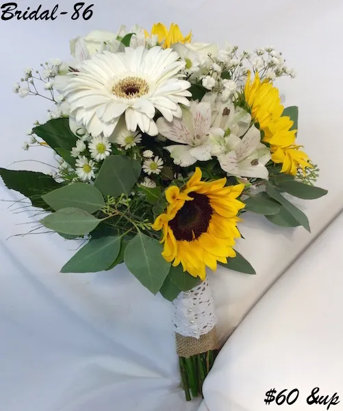 Bridal 86 — white gerbera daisy and sunflower bouquet, $60 and up