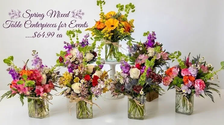 Spring mixed table centerpieces for events, $64.99 each — five colorful jar arrangements